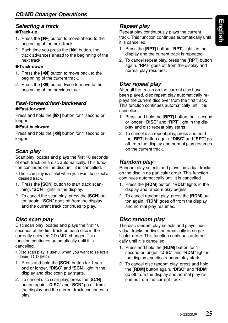 25 english, Cd/md changer operations selecting a track, Fast-forward/fast-backward | Scan play, Disc scan play, Repeat play, Disc repeat play, Random play, Disc random play | Clarion DXZ835MP User Manual | Page 21 / 96