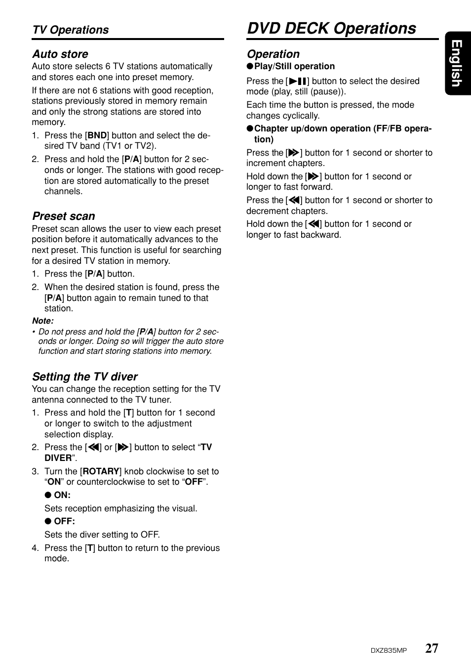 Dvd deck operations, 27 english, Auto store | Preset scan, Setting the tv diver, Tv operations, Operation | Clarion DXZ835MP User Manual | Page 23 / 96