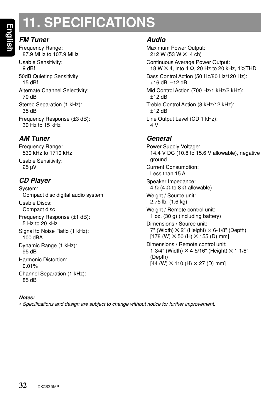 Specifications, English, Fm tuner | Am tuner, Cd player, Audio, General | Clarion DXZ835MP User Manual | Page 28 / 96