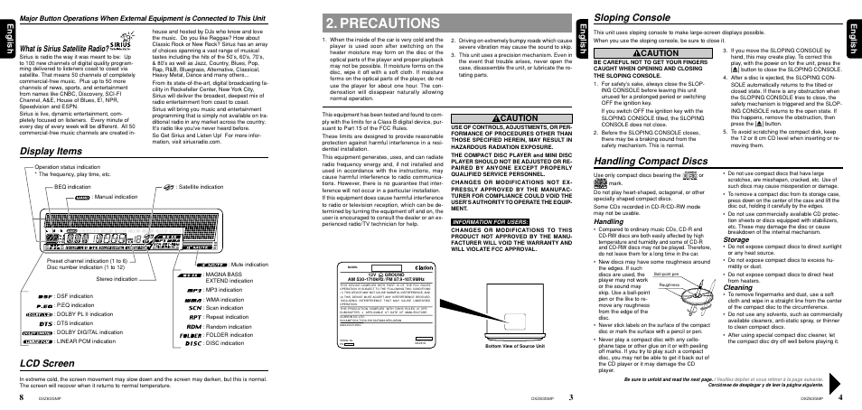 Precautions, Handling compact discs, Sloping console | Lcd screen, Display items, 4english english english, Caution, What is sirius satellite radio, Handling, Storage | Clarion DXZ835MP User Manual | Page 3 / 96