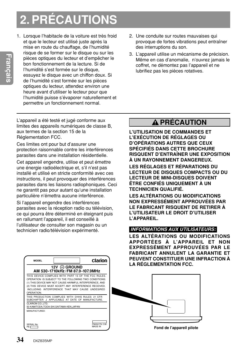 Précautions, Fran ç ais, Précaution | Clarion DXZ835MP User Manual | Page 30 / 96