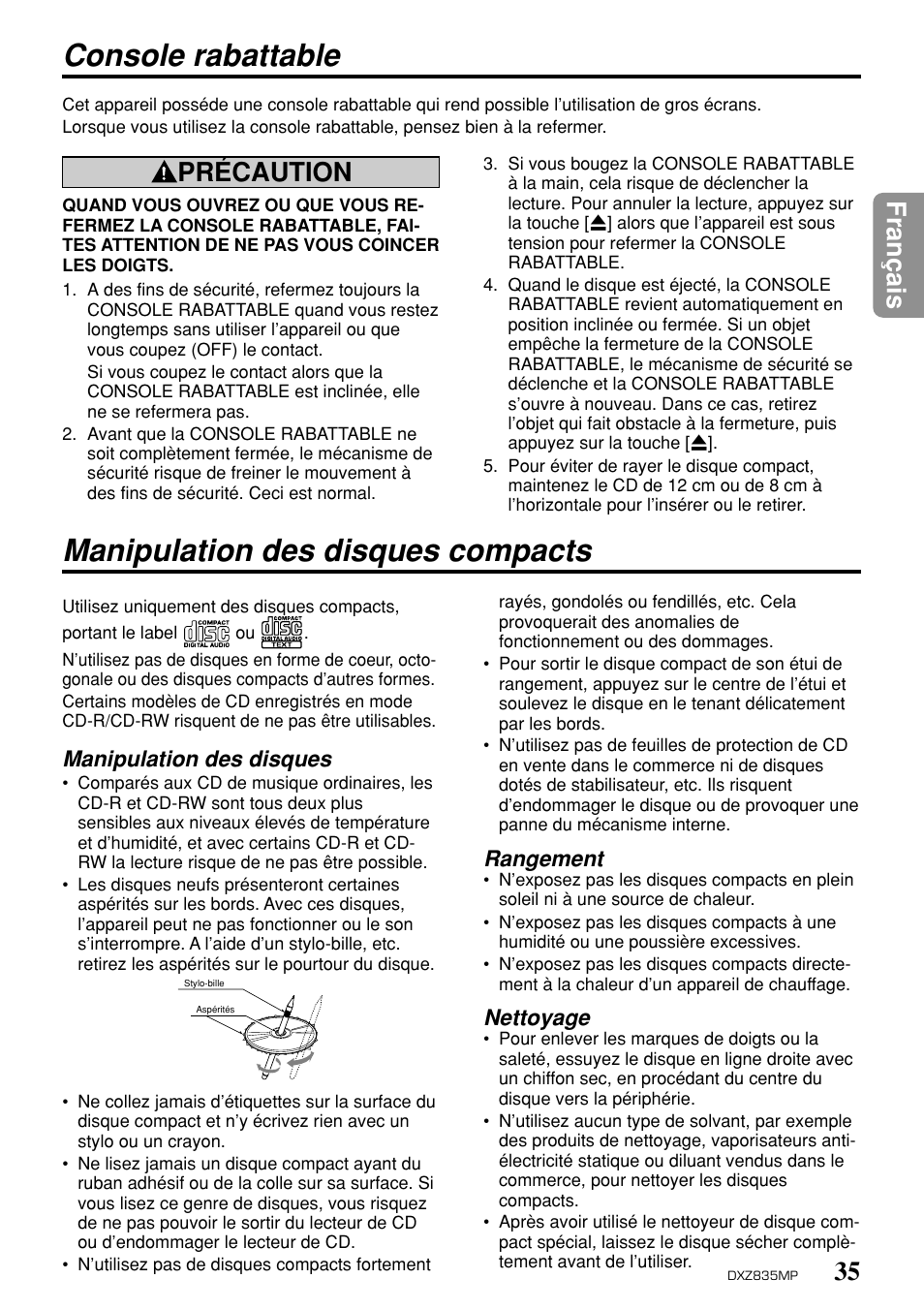 Manipulation des disques compacts, Console rabattable, 35 fran ç ais | Précaution, Manipulation des disques, Rangement, Nettoyage | Clarion DXZ835MP User Manual | Page 31 / 96