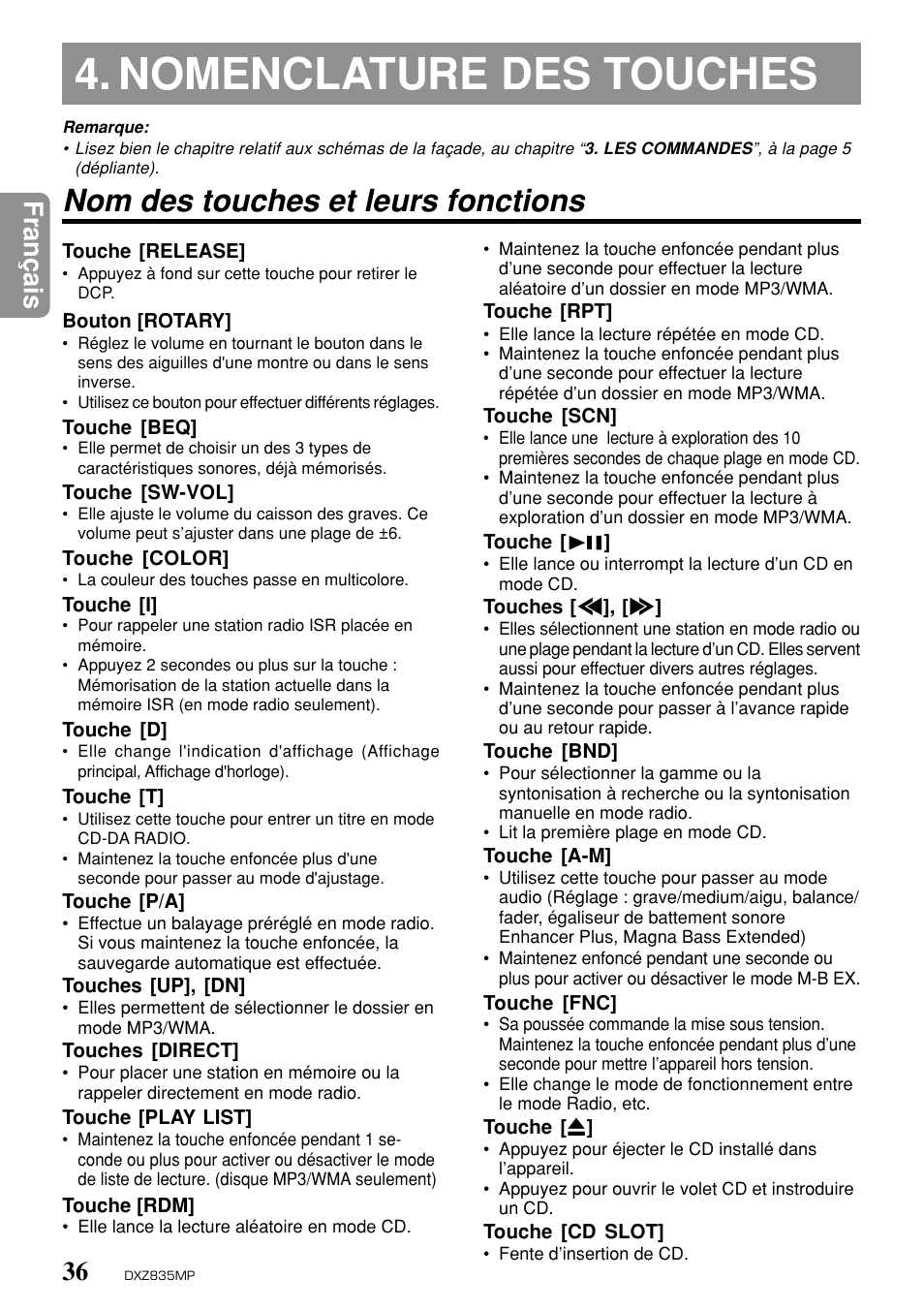 Nomenclature des touches, Nom des touches et leurs fonctions, Fran ç ais | Clarion DXZ835MP User Manual | Page 32 / 96