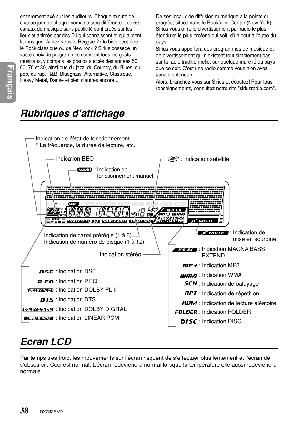 Ecran lcd, Rubriques d’affichage, Fran ç ais | Clarion DXZ835MP User Manual | Page 34 / 96