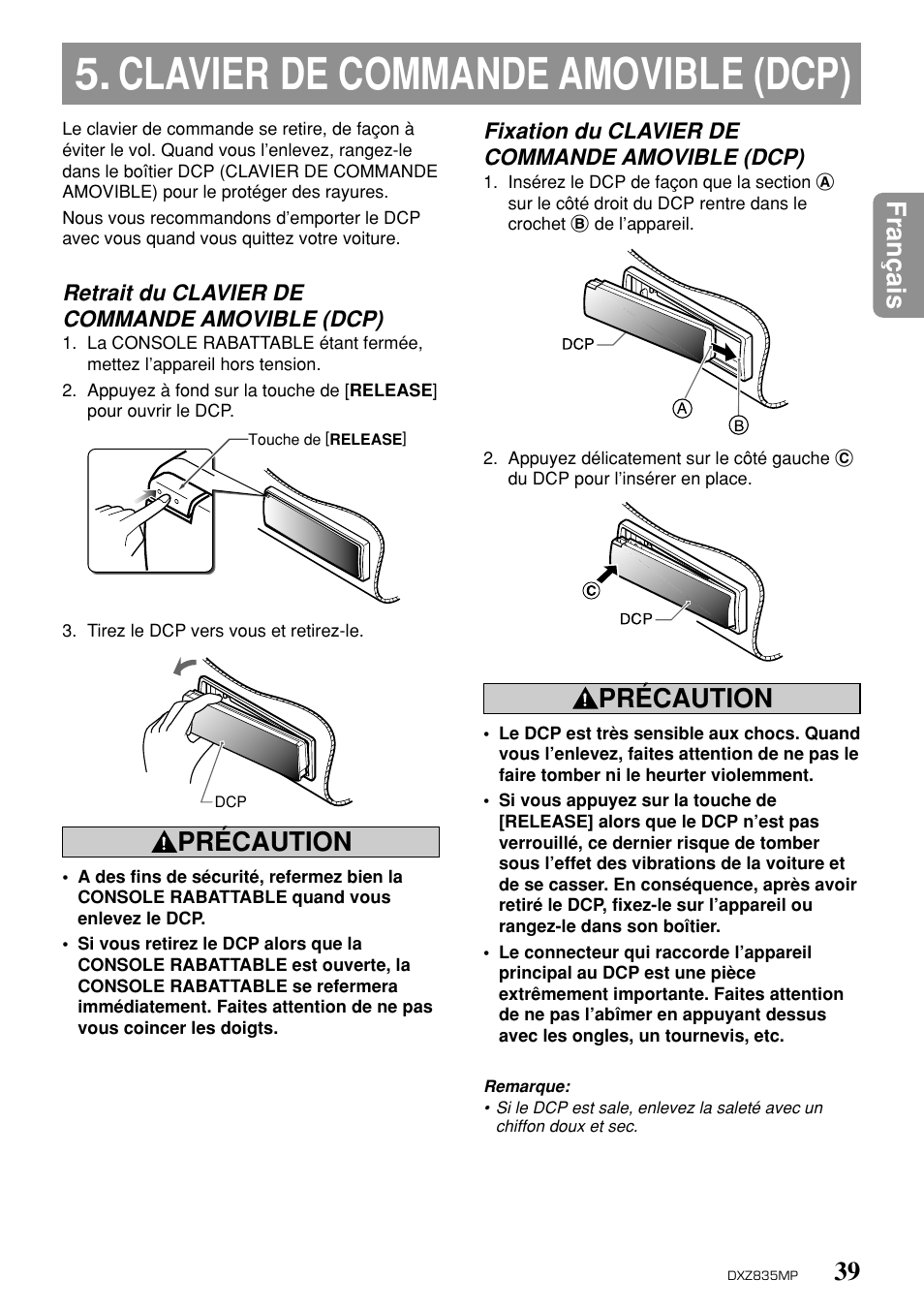 Clavier de commande amovible (dcp), 39 fran ç ais, Précaution | Clarion DXZ835MP User Manual | Page 35 / 96