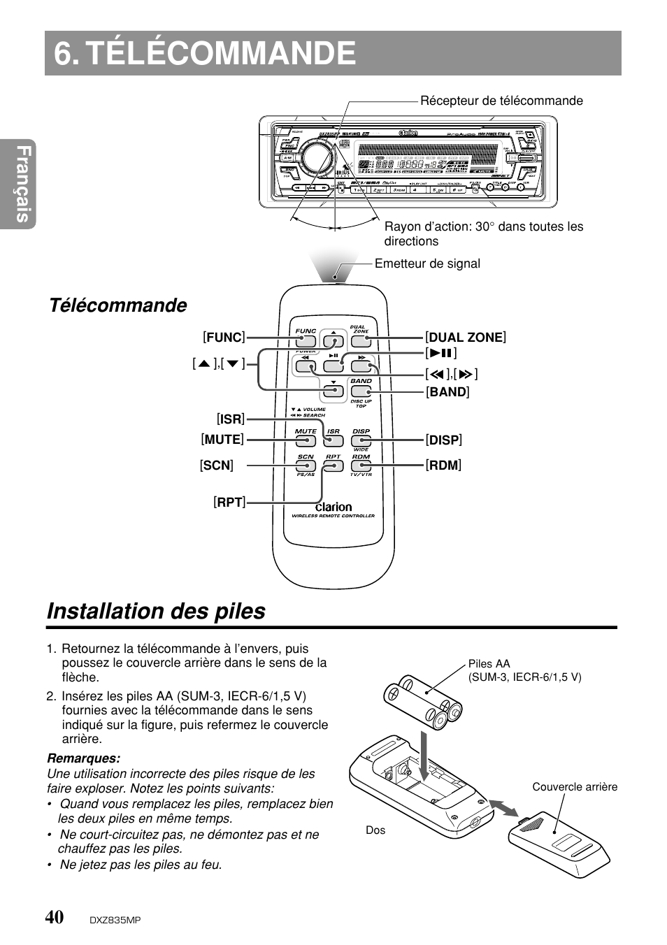 Télécommande, Installation des piles, Fran ç ais | Clarion DXZ835MP User Manual | Page 36 / 96