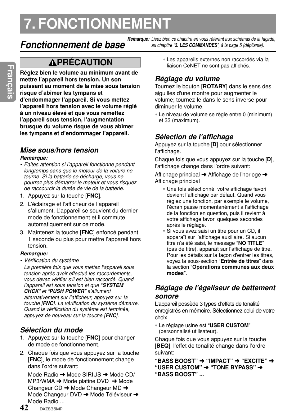 Fonctionnement, Fonctionnement de base, Fran ç ais | Précaution, Mise sous/hors tension, Sélection du mode, Réglage du volume, Sélection de l’affichage, Réglage de l’égaliseur de battement sonore | Clarion DXZ835MP User Manual | Page 38 / 96