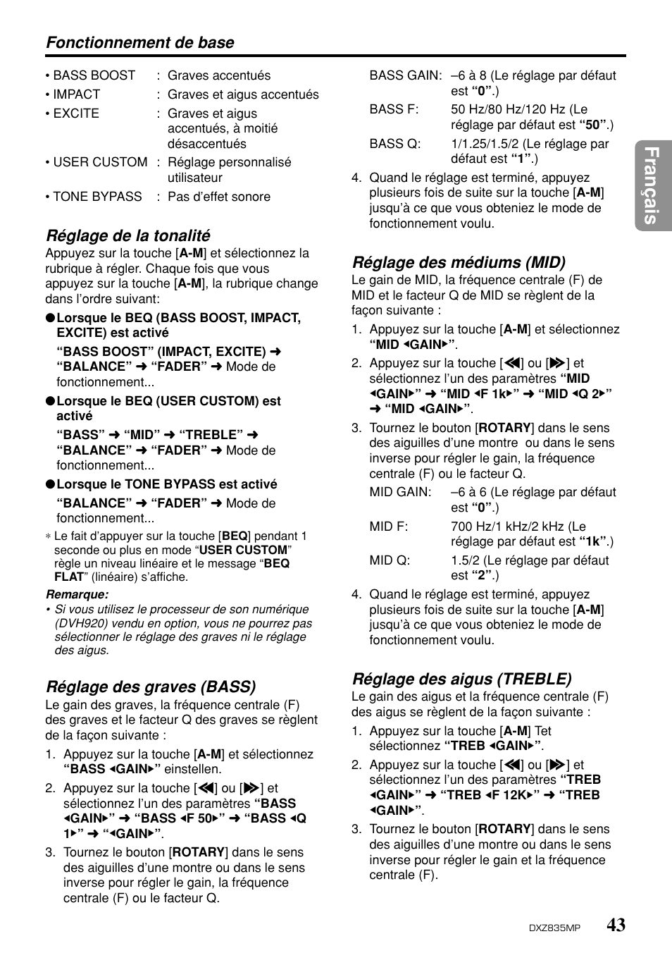 43 fran ç ais, Réglage de la tonalité, Réglage des graves (bass) | Fonctionnement de base, Réglage des médiums (mid), Réglage des aigus (treble) | Clarion DXZ835MP User Manual | Page 39 / 96