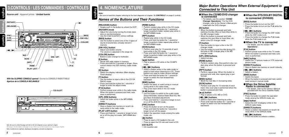 Nomenclature, Controls / les commandes / controles, Names of the buttons and their functions | English, English fran ç ais espa ñ ol english, When the cd/md/dvd changer is connected, When the dts/dolby digital is connected (dvh920), When the tv is connected, When the sirius satellite radio is connected | Clarion DXZ835MP User Manual | Page 4 / 96