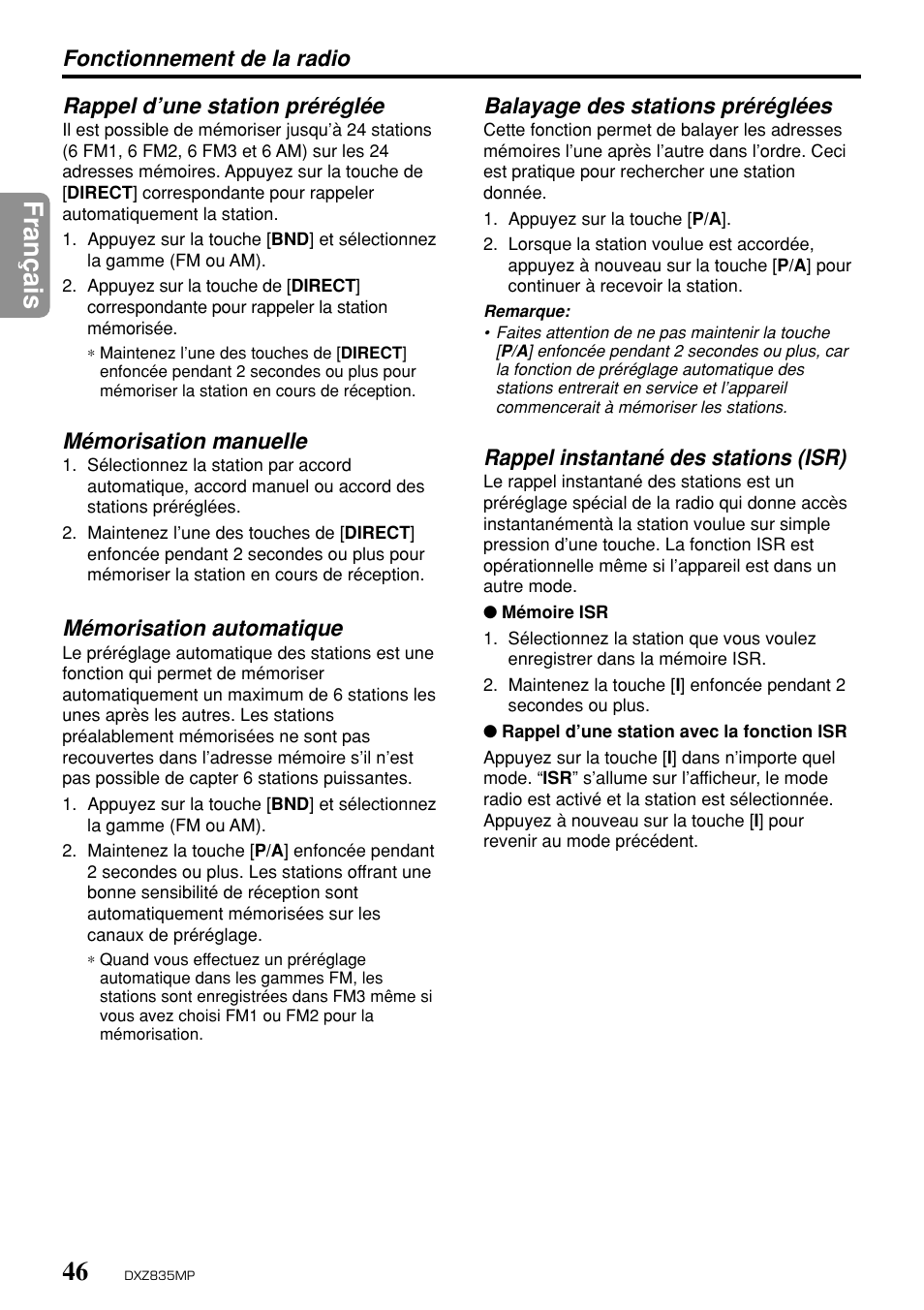 Fran ç ais, Rappel d’une station préréglée, Mémorisation manuelle | Mémorisation automatique, Rappel instantané des stations (isr) | Clarion DXZ835MP User Manual | Page 42 / 96