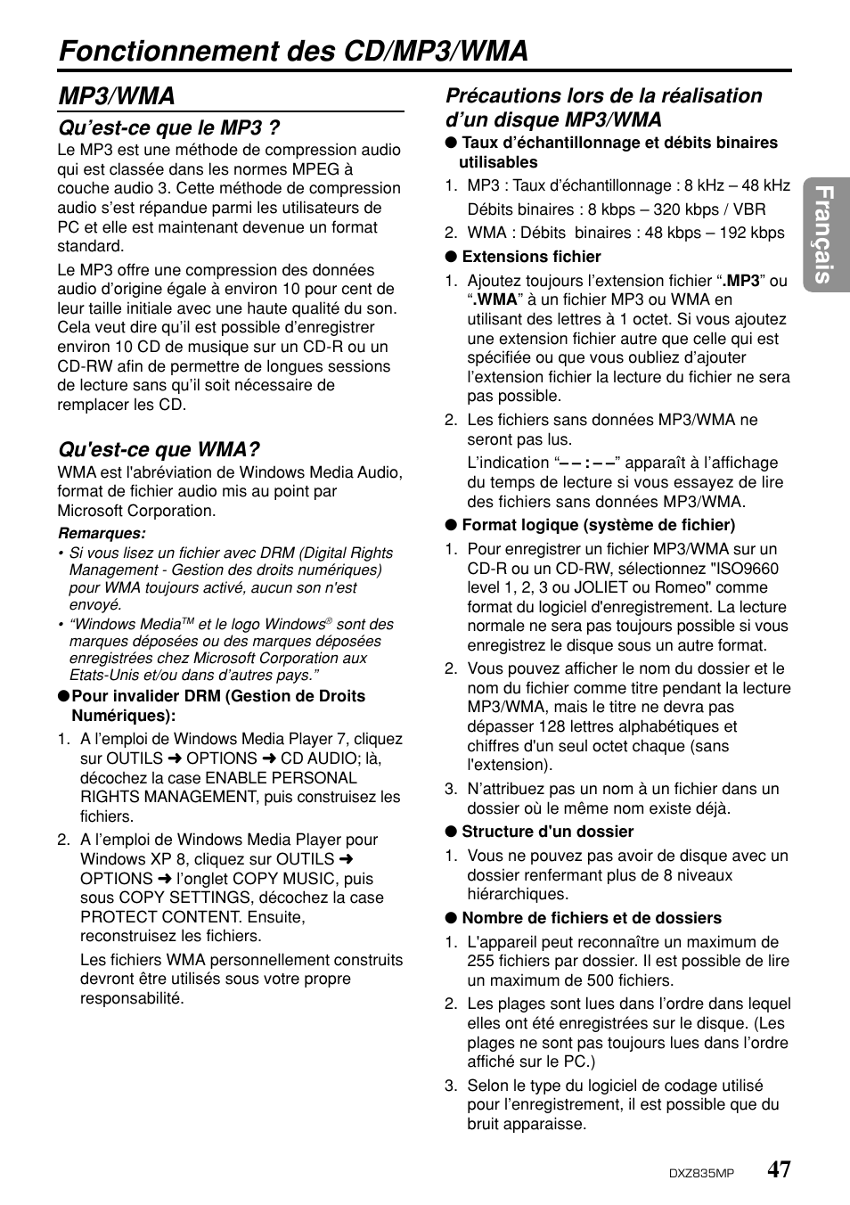 Fonctionnement des cd/mp3/wma, 47 fran ç ais mp3/wma, Qu’est-ce que le mp3 | Qu'est-ce que wma | Clarion DXZ835MP User Manual | Page 43 / 96