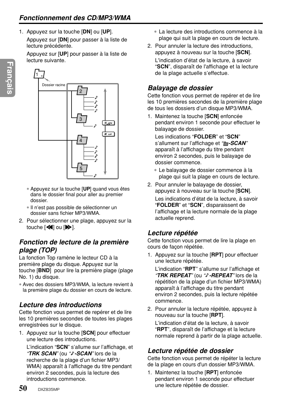 Fran ç ais, Fonctionnement des cd/mp3/wma, Fonction de lecture de la première plage (top) | Lecture des introductions, Balayage de dossier, Lecture répétée, Lecture répétée de dossier | Clarion DXZ835MP User Manual | Page 46 / 96