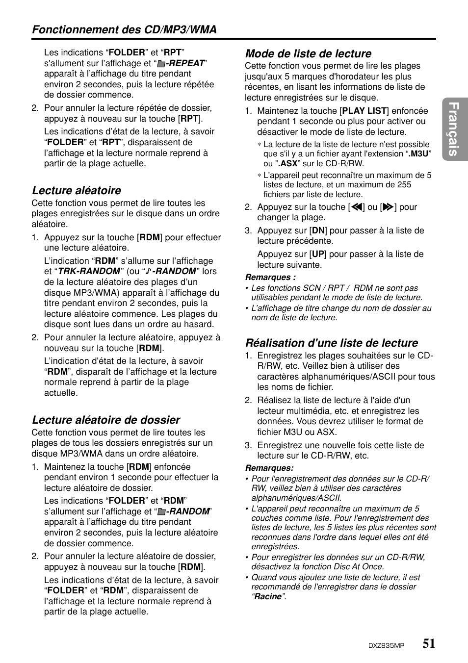 51 fran ç ais, Fonctionnement des cd/mp3/wma, Lecture aléatoire | Lecture aléatoire de dossier, Mode de liste de lecture, Réalisation d'une liste de lecture | Clarion DXZ835MP User Manual | Page 47 / 96