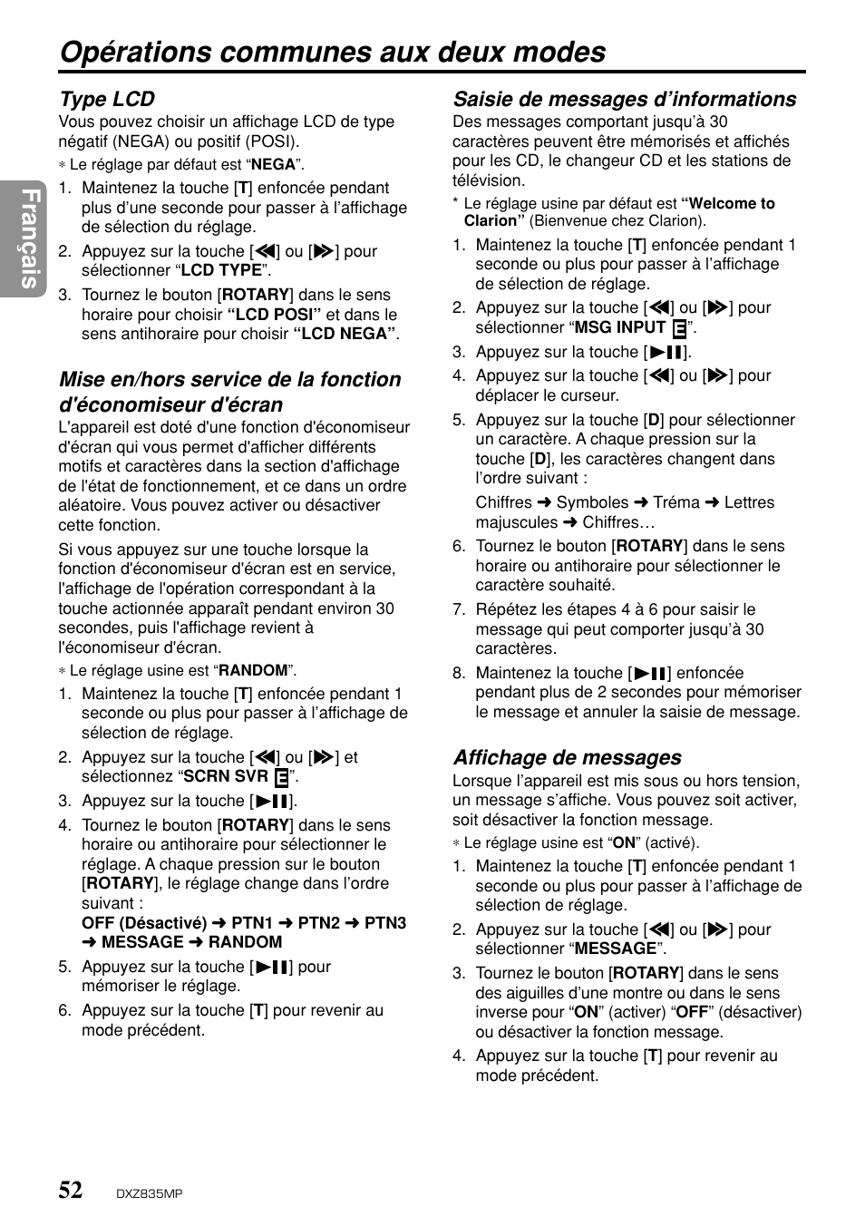 Opérations communes aux deux modes, Fran ç ais, Type lcd | Saisie de messages d’informations, Affichage de messages | Clarion DXZ835MP User Manual | Page 48 / 96