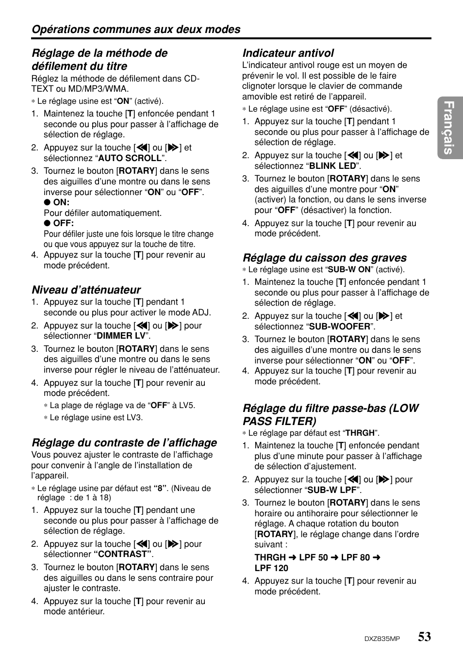 53 fran ç ais, Niveau d’atténuateur, Réglage du contraste de l’affichage | Indicateur antivol, Réglage du caisson des graves, Réglage du filtre passe-bas (low pass filter) | Clarion DXZ835MP User Manual | Page 49 / 96