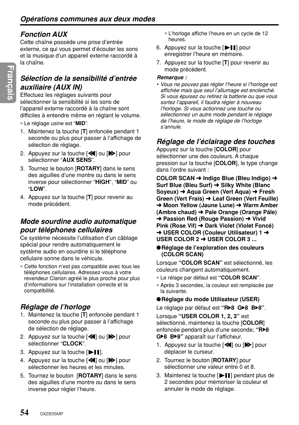 Fran ç ais, Opérations communes aux deux modes fonction aux, Réglage de l’horloge | Réglage de l’éclairage des touches | Clarion DXZ835MP User Manual | Page 50 / 96