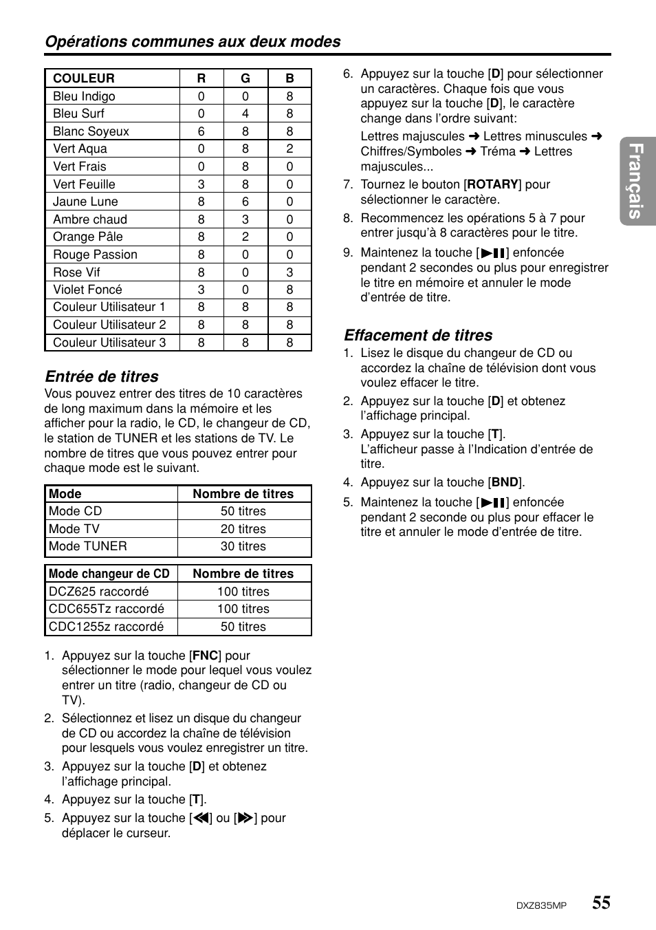 55 fran ç ais, Opérations communes aux deux modes, Entrée de titres | Effacement de titres | Clarion DXZ835MP User Manual | Page 51 / 96