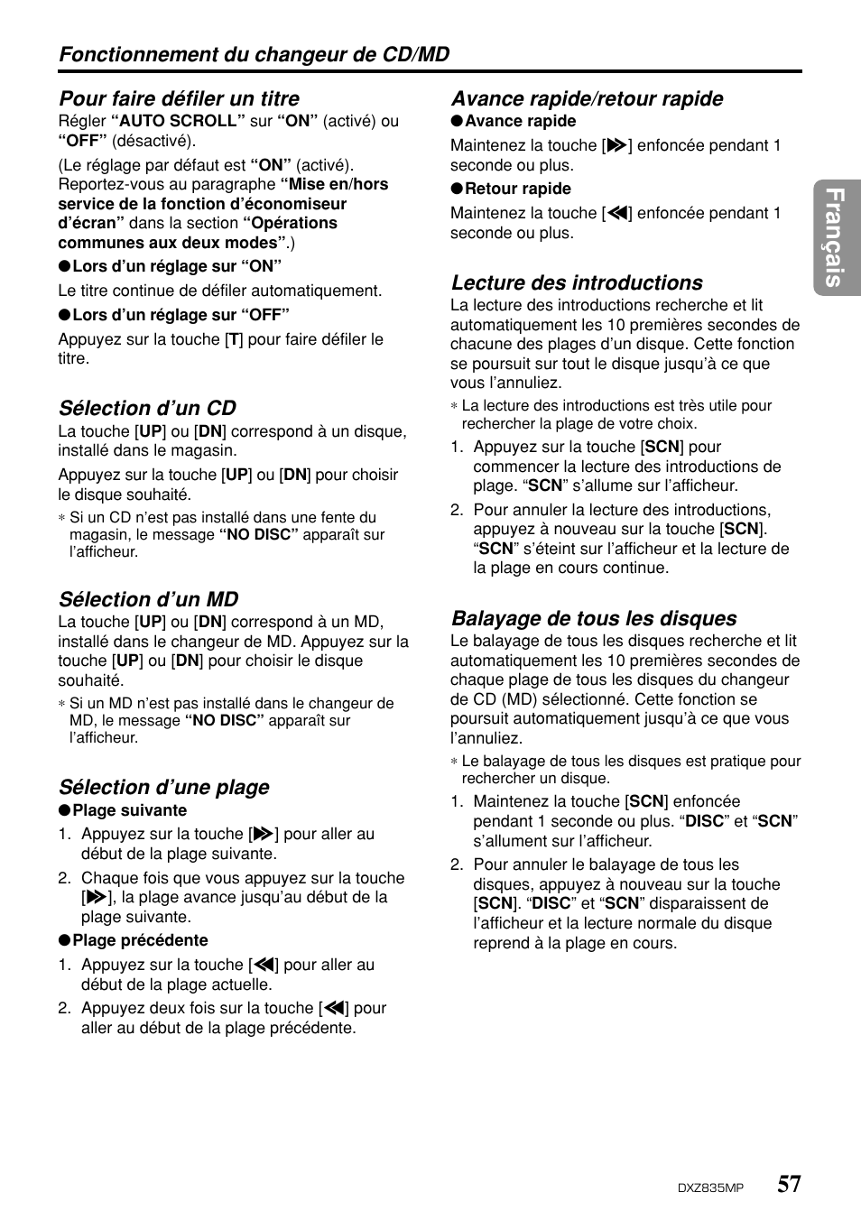 57 fran ç ais, Sélection d’un cd, Sélection d’un md | Sélection d’une plage, Avance rapide/retour rapide, Lecture des introductions, Balayage de tous les disques | Clarion DXZ835MP User Manual | Page 53 / 96