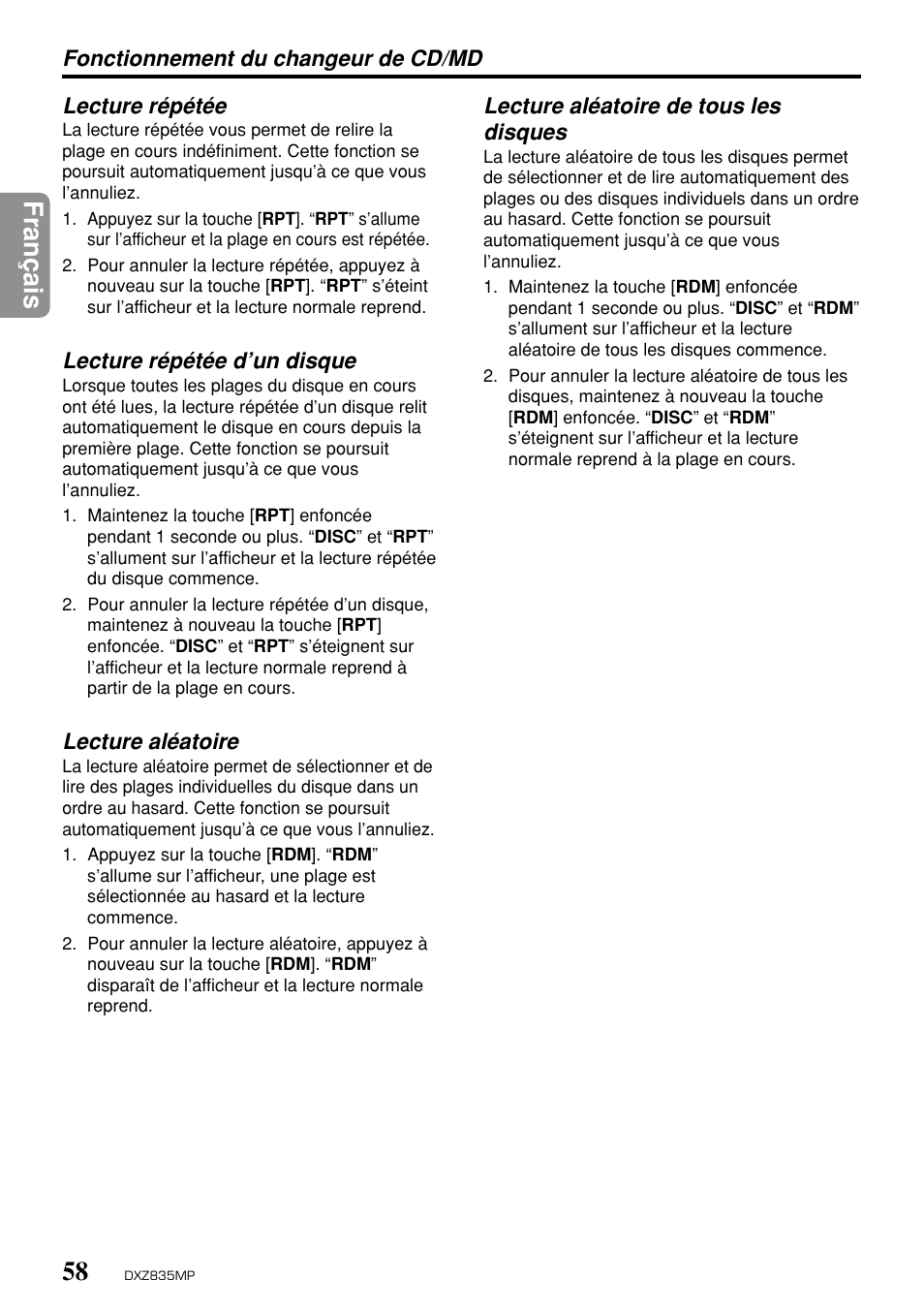 Fran ç ais | Clarion DXZ835MP User Manual | Page 54 / 96