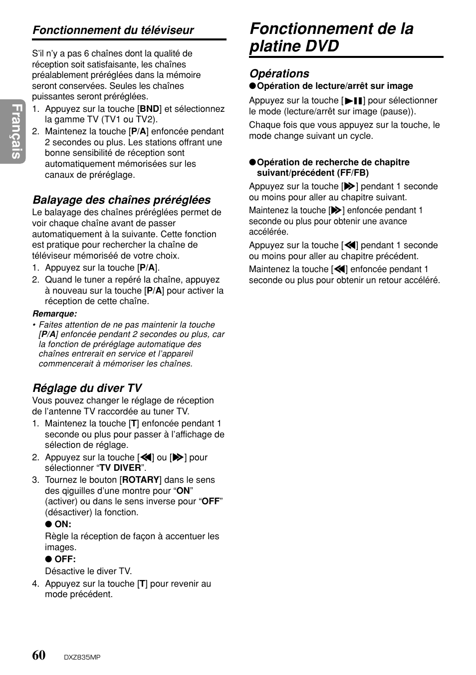 Fonctionnement de la platine dvd, Fran ç ais, Balayage des chaînes préréglées | Réglage du diver tv, Fonctionnement du téléviseur, Opérations | Clarion DXZ835MP User Manual | Page 56 / 96