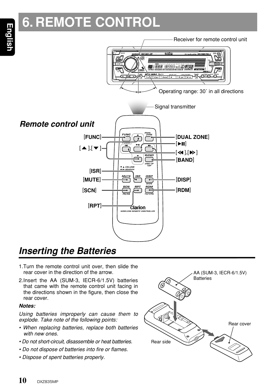 Remote control, Inserting the batteries, English | Remote control unit | Clarion DXZ835MP User Manual | Page 6 / 96