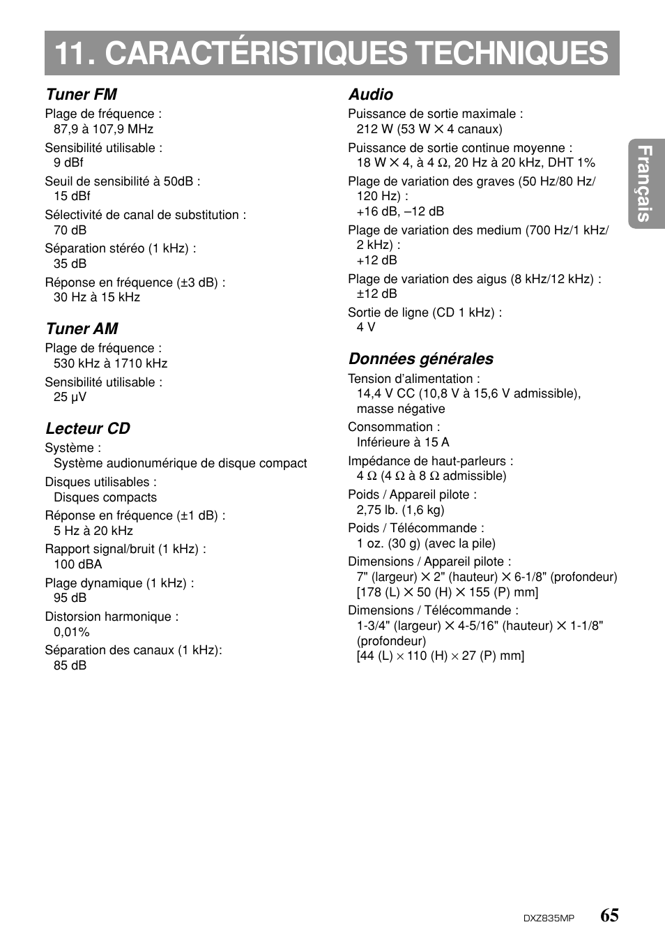 Caractéristiques techniques, 65 fran ç ais, Tuner fm | Tuner am, Lecteur cd, Audio, Données générales | Clarion DXZ835MP User Manual | Page 61 / 96