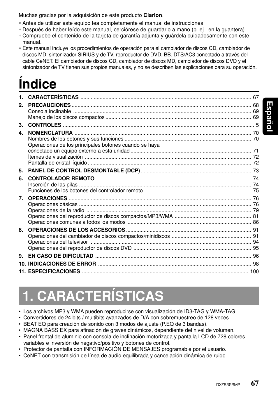 Índice, Características, 67 español | Clarion DXZ835MP User Manual | Page 63 / 96