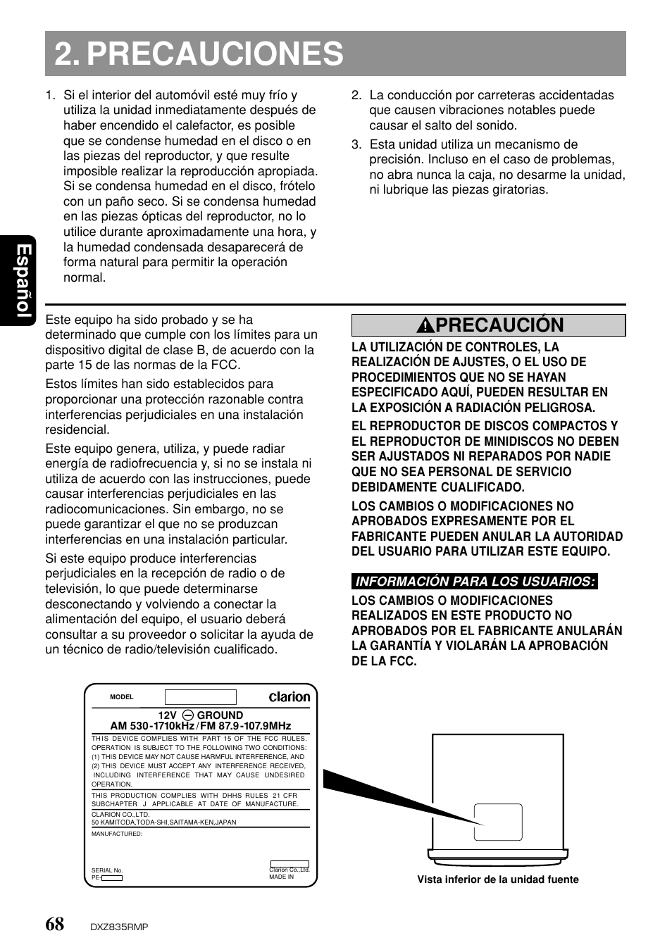 Precauciones, Espa ñ ol, Precaución | Clarion DXZ835MP User Manual | Page 64 / 96