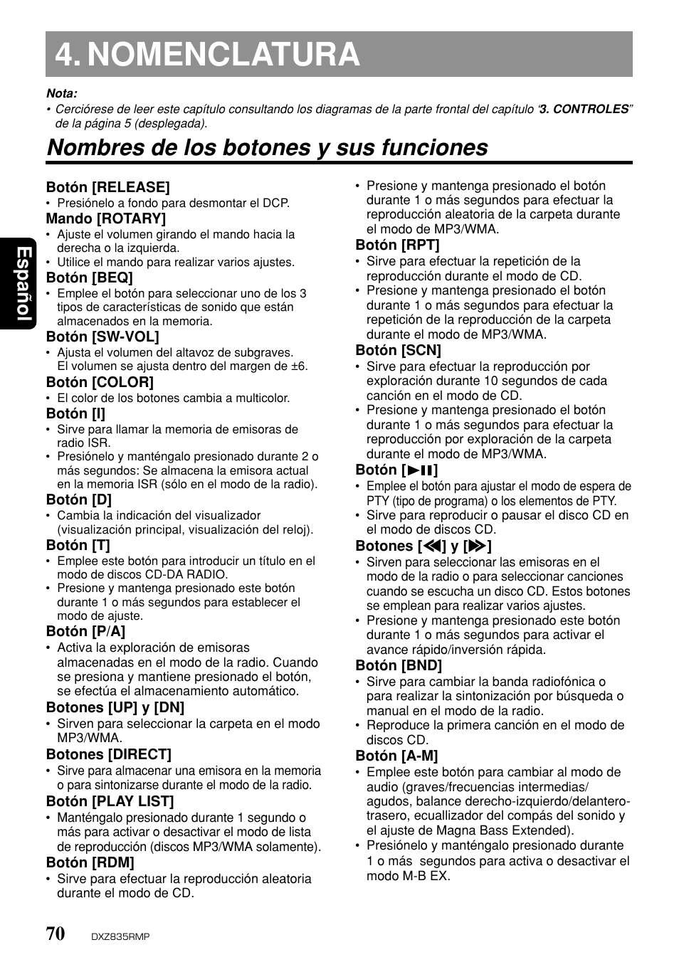 Nomenclatura, Nombres de los botones y sus funciones, Espa ñ ol | Clarion DXZ835MP User Manual | Page 66 / 96