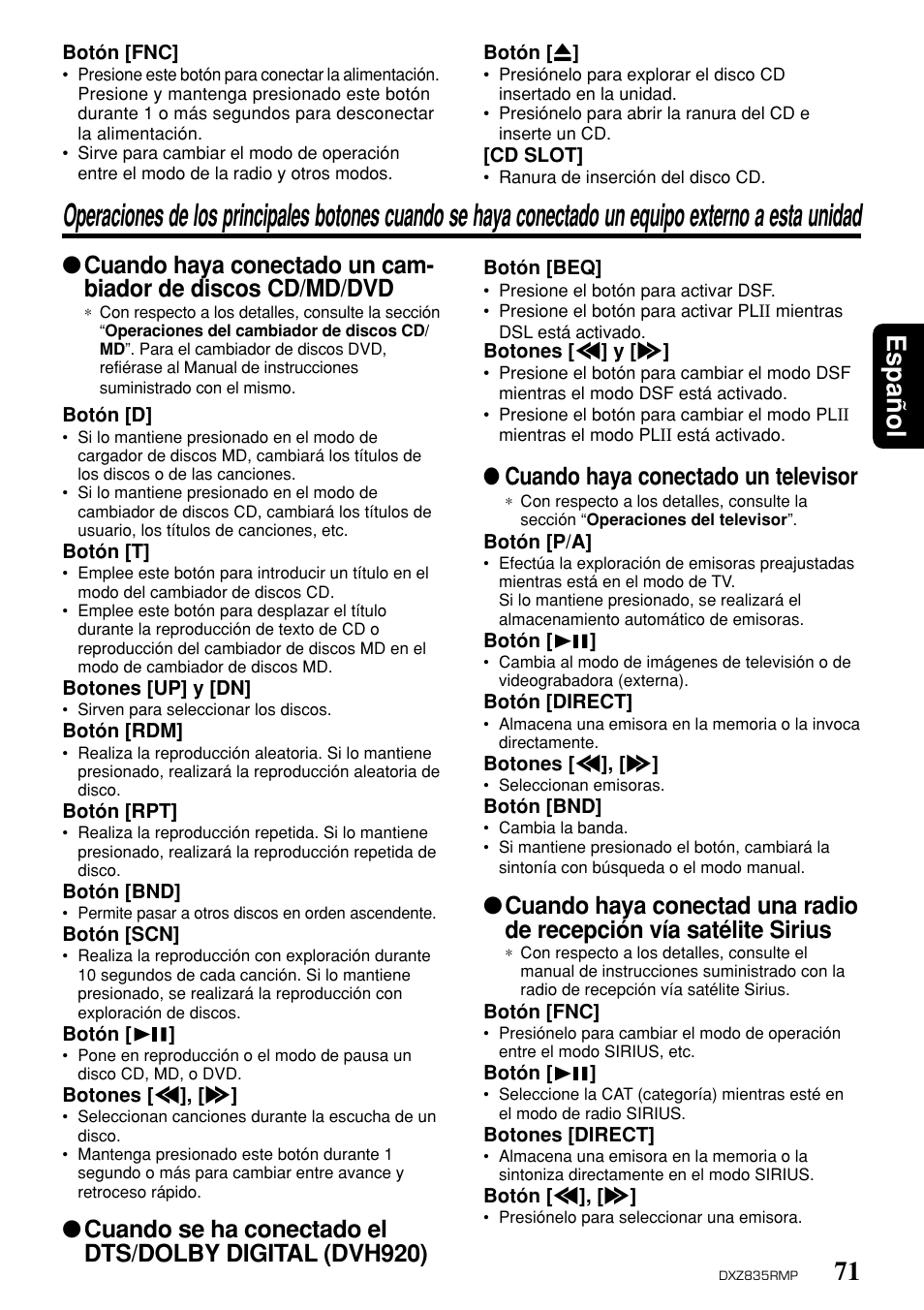 71 espa ñ ol, Cuando haya conectado un televisor | Clarion DXZ835MP User Manual | Page 67 / 96