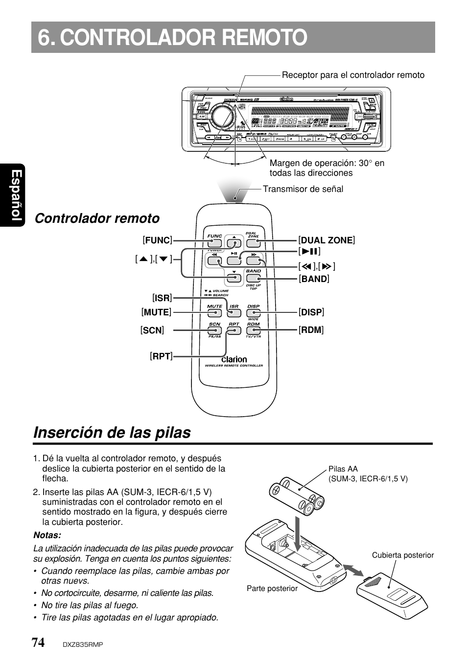 Controlador remoto, Inserción de las pilas, Espa ñ ol | Clarion DXZ835MP User Manual | Page 70 / 96