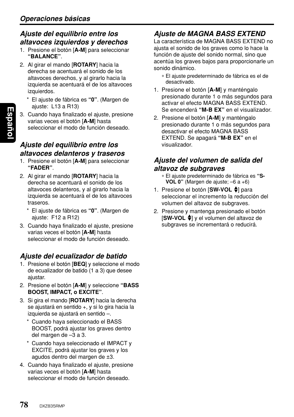 Espa ñ ol, Ajuste del ecualizador de batido, Ajuste de magna bass extend | Clarion DXZ835MP User Manual | Page 74 / 96