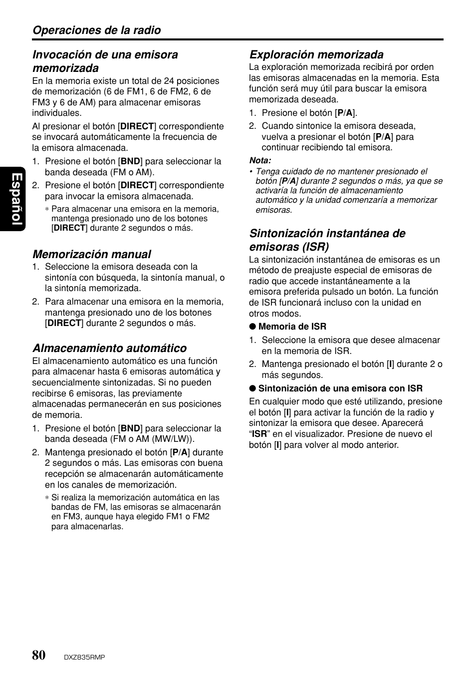 Espa ñ ol, Almacenamiento automático, Sintonización instantánea de emisoras (isr) | Clarion DXZ835MP User Manual | Page 76 / 96