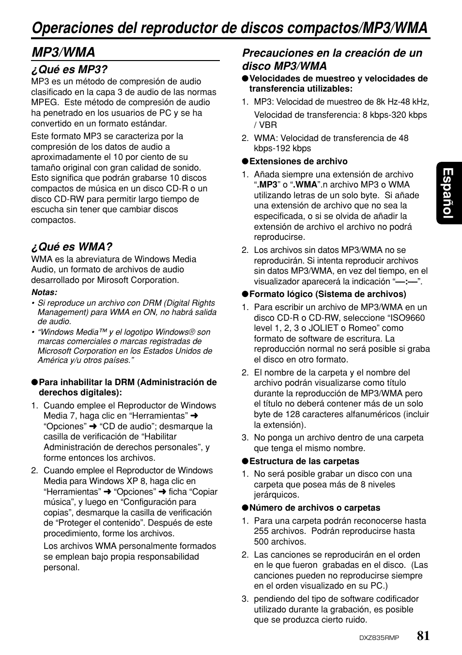 81 espa ñ ol mp3/wma, Qué es mp3, Qué es wma | Precauciones en la creación de un disco mp3/wma | Clarion DXZ835MP User Manual | Page 77 / 96