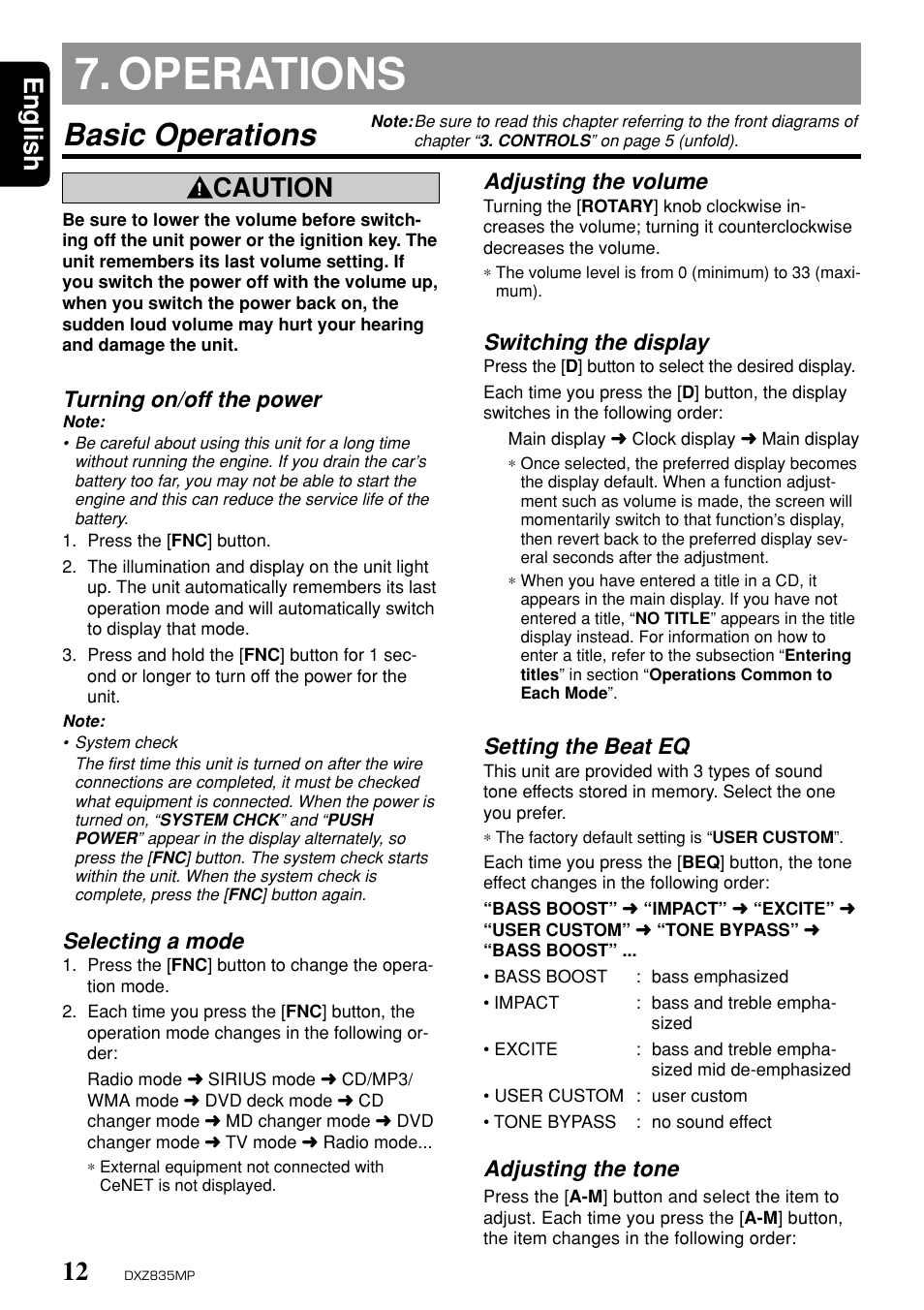 Operations, Basic operations, English | Caution, Turning on/off the power, Selecting a mode, Adjusting the volume, Switching the display, Setting the beat eq, Adjusting the tone | Clarion DXZ835MP User Manual | Page 8 / 96