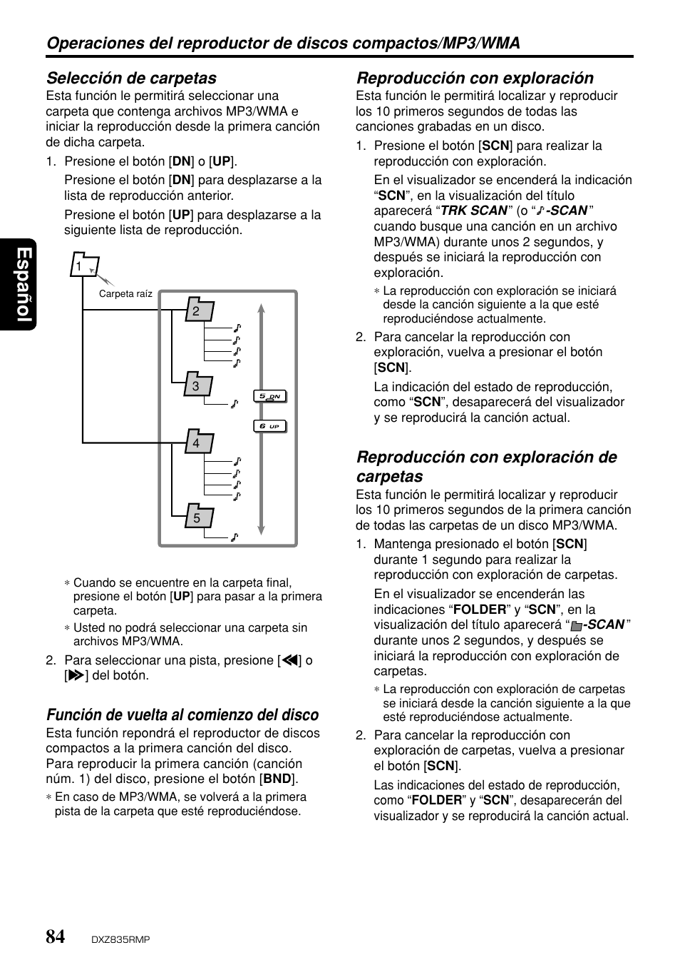 Espa ñ ol, Reproducción con exploración, Reproducción con exploración de carpetas | Función de vuelta al comienzo del disco | Clarion DXZ835MP User Manual | Page 80 / 96