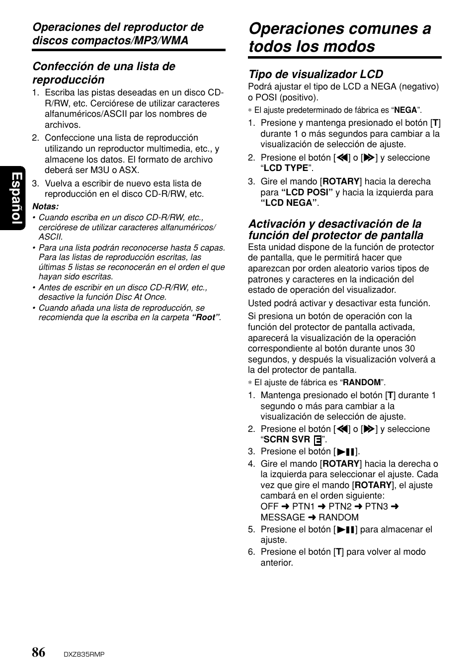 Operaciones comunes a todos los modos, Espa ñ ol, Confección de una lista de reproducción | Tipo de visualizador lcd | Clarion DXZ835MP User Manual | Page 82 / 96