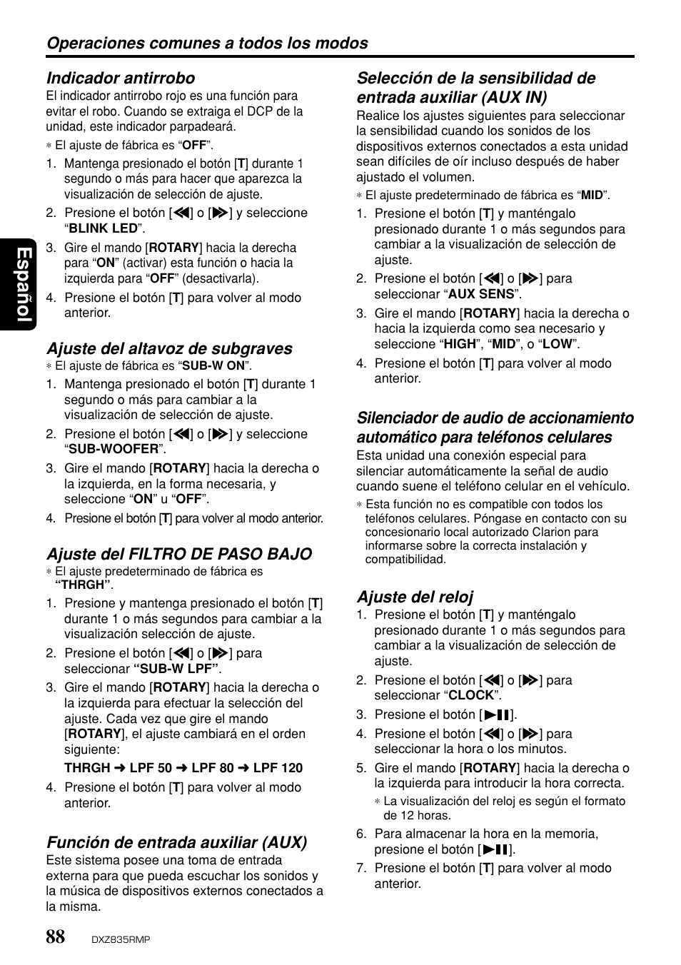 Espa ñ ol, Ajuste del altavoz de subgraves, Ajuste del filtro de paso bajo | Función de entrada auxiliar (aux), Ajuste del reloj | Clarion DXZ835MP User Manual | Page 84 / 96