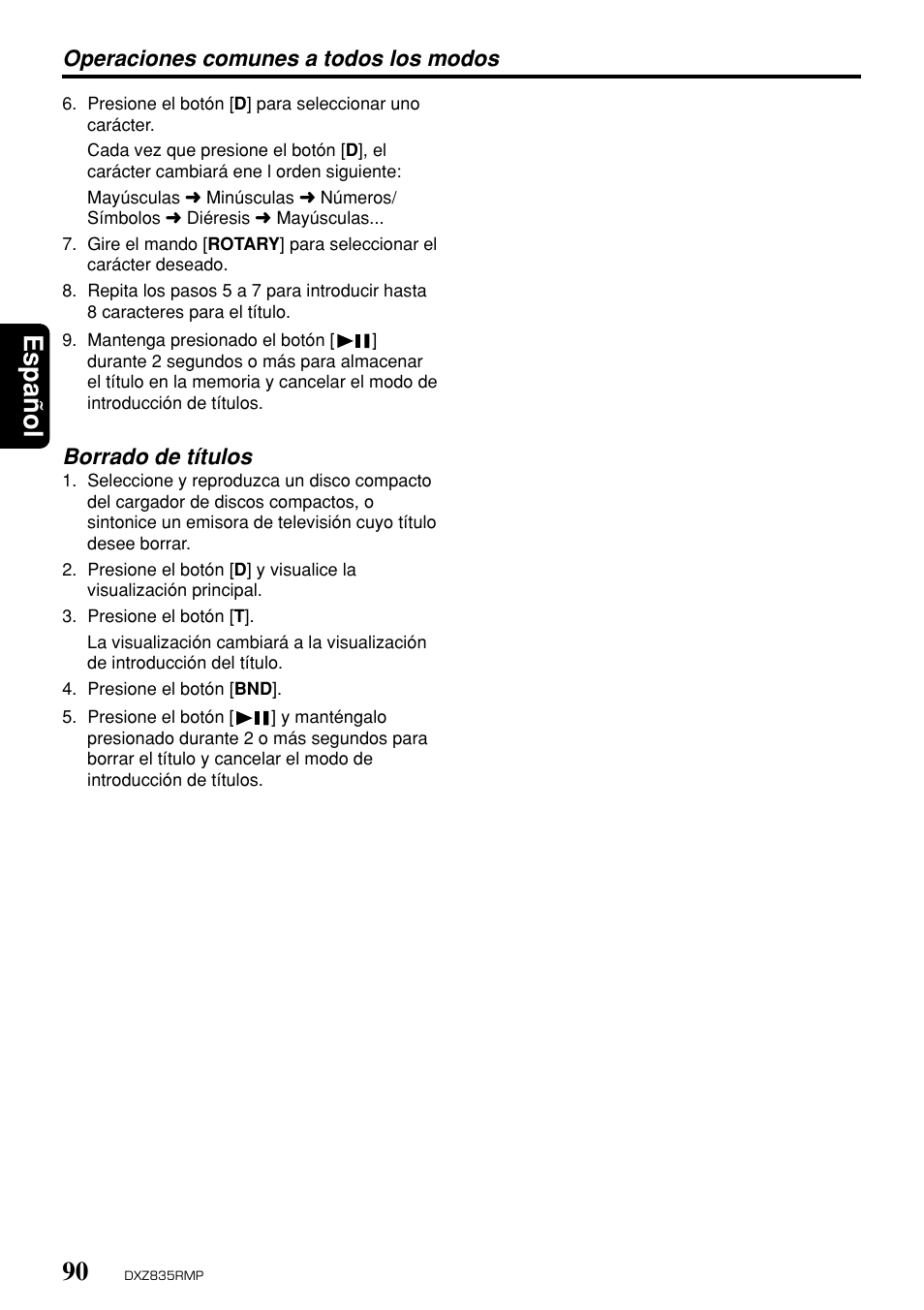 Espa ñ ol, Operaciones comunes a todos los modos, Borrado de títulos | Clarion DXZ835MP User Manual | Page 86 / 96