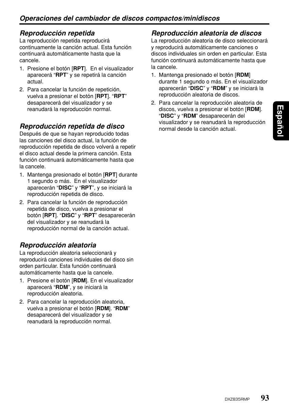 93 espa ñ ol | Clarion DXZ835MP User Manual | Page 89 / 96