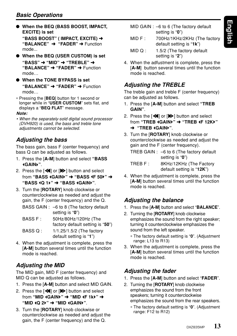 13 english, Basic operations, Adjusting the bass | Adjusting the mid, Adjusting the treble, Adjusting the balance, Adjusting the fader | Clarion DXZ835MP User Manual | Page 9 / 96