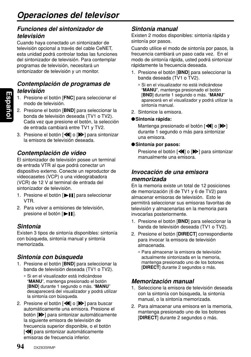 Operaciones del televisor, Espa ñ ol, Funciones del sintonizador de televisión | Contemplación de programas de televisión, Contemplación de vídeo, Sintonía, Sintonía con búsqueda, Sintonía manual | Clarion DXZ835MP User Manual | Page 90 / 96