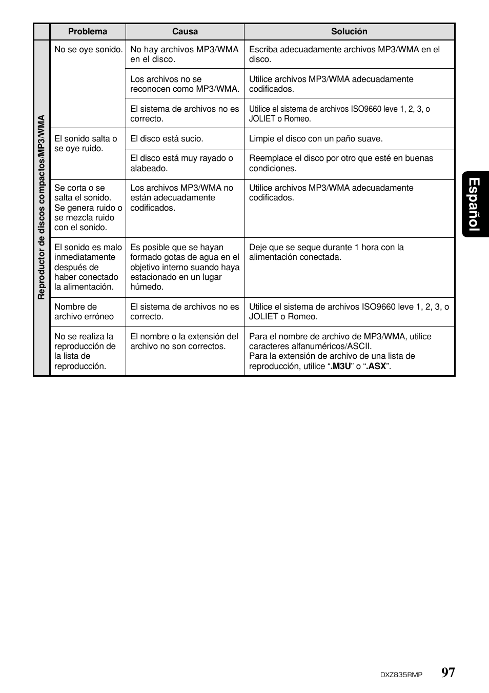 97 espa ñ ol | Clarion DXZ835MP User Manual | Page 93 / 96