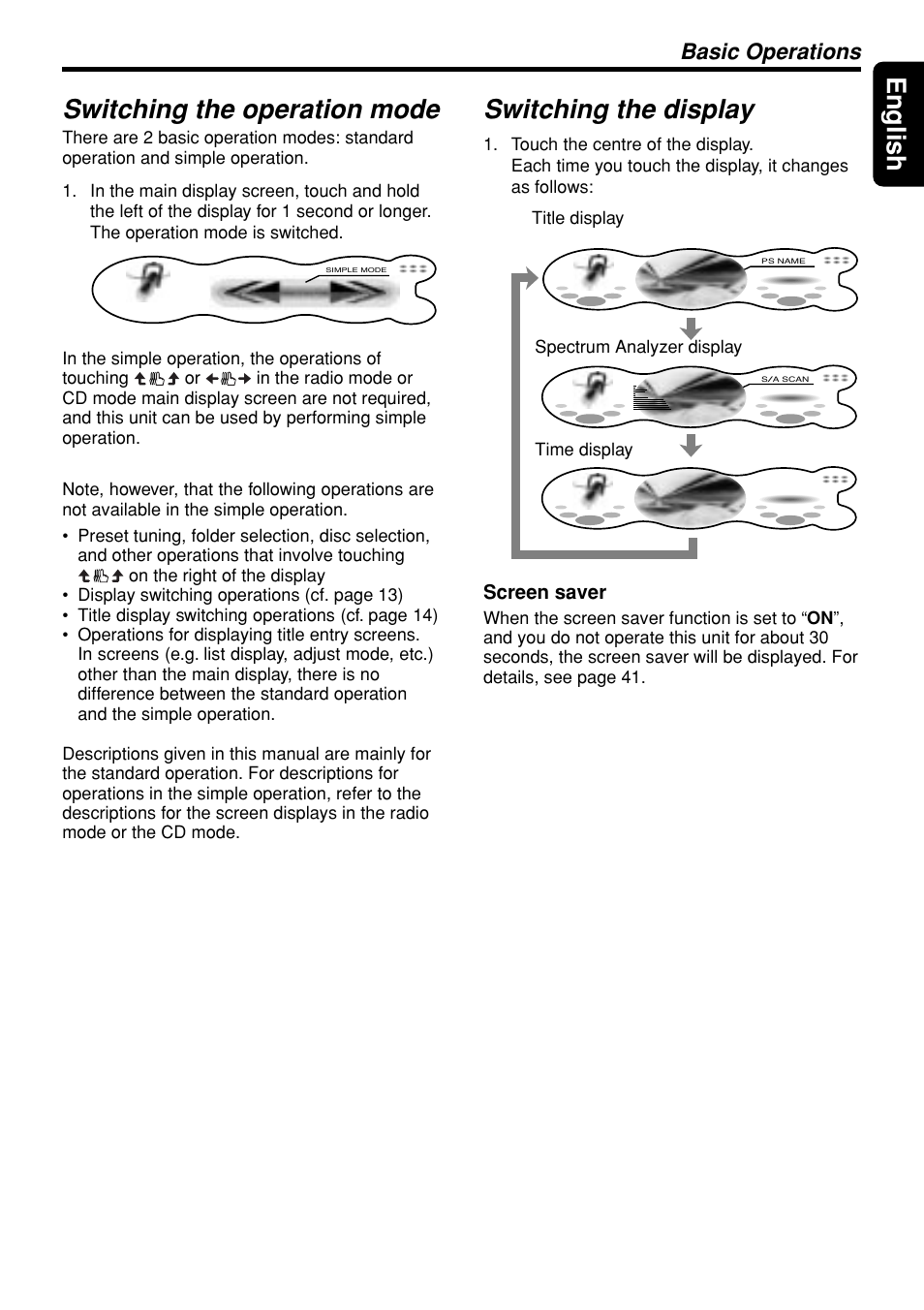 13 english switching the operation mode, Switching the display, Basic operations | Screen saver | Clarion DXZ948RMP User Manual | Page 13 / 69