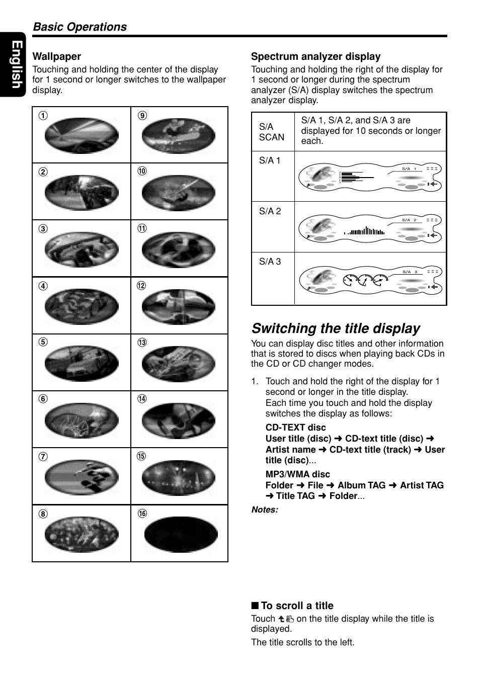 English, Switching the title display, Basic operations | Wallpaper, Spectrum analyzer display | Clarion DXZ948RMP User Manual | Page 14 / 69