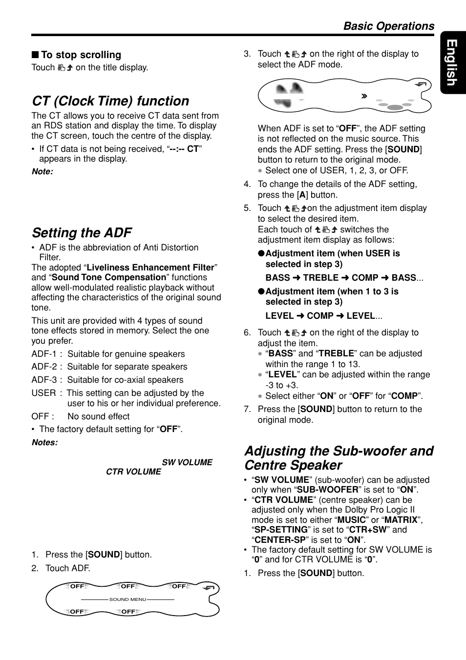 15 english, Ct (clock time) function, Setting the adf | Adjusting the sub-woofer and centre speaker, Basic operations | Clarion DXZ948RMP User Manual | Page 15 / 69