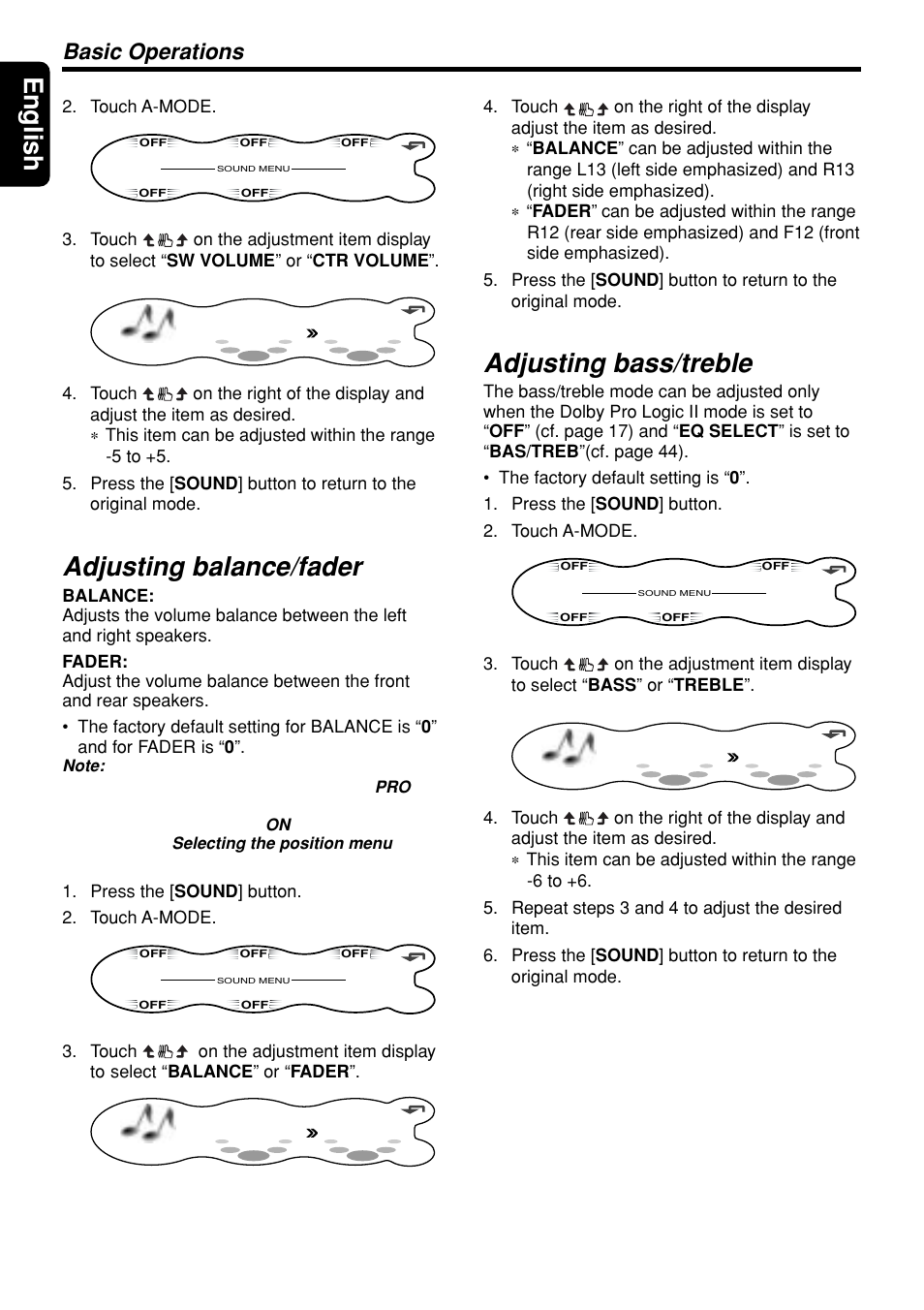 English, Adjusting balance/fader, Adjusting bass/treble | Basic operations | Clarion DXZ948RMP User Manual | Page 16 / 69
