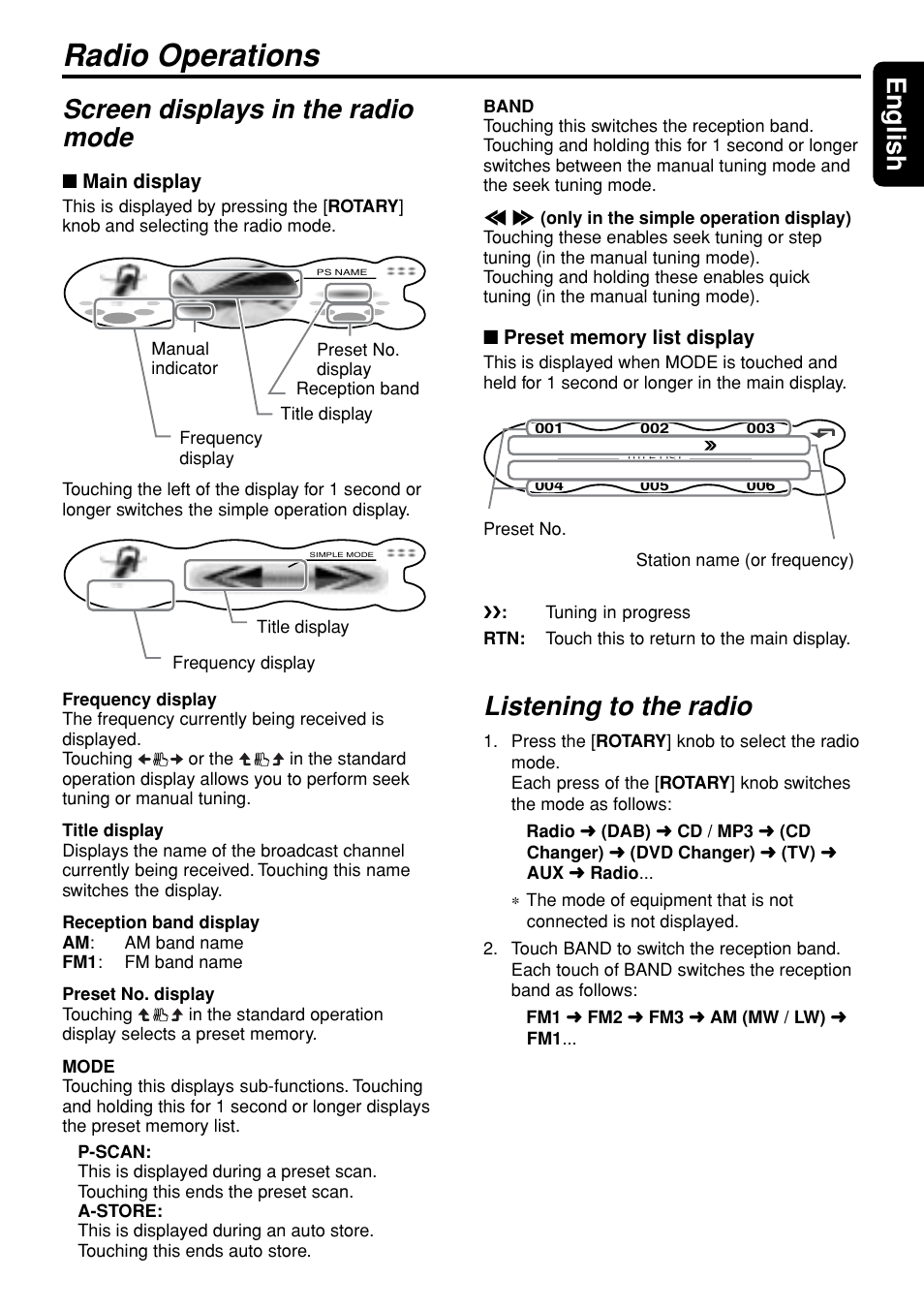 Radio operations, 23 english, Screen displays in the radio mode | Listening to the radio | Clarion DXZ948RMP User Manual | Page 23 / 69