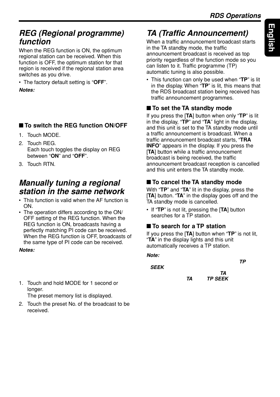 27 english reg (regional programme) function, Ta (traffic announcement), Rds operations | Clarion DXZ948RMP User Manual | Page 27 / 69