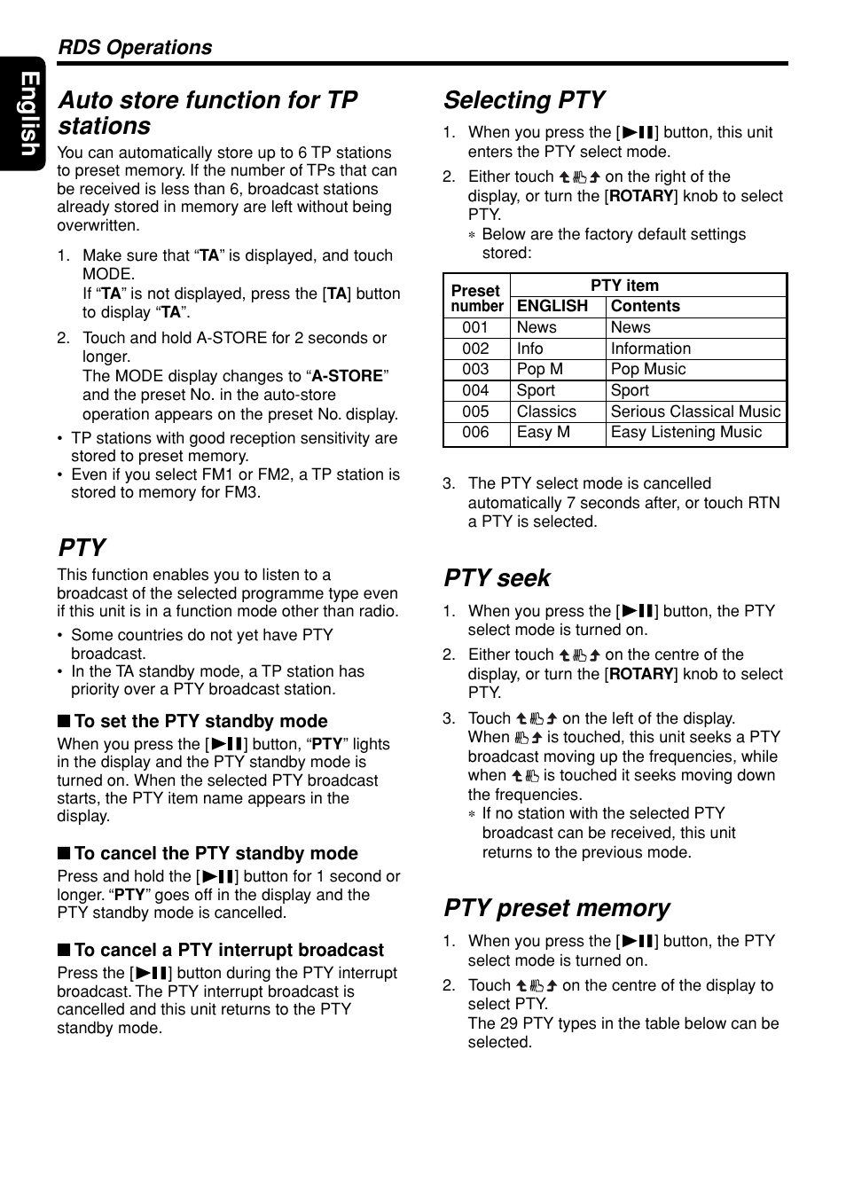 English selecting pty, Pty seek, Auto store function for tp stations | Rds operations | Clarion DXZ948RMP User Manual | Page 28 / 69